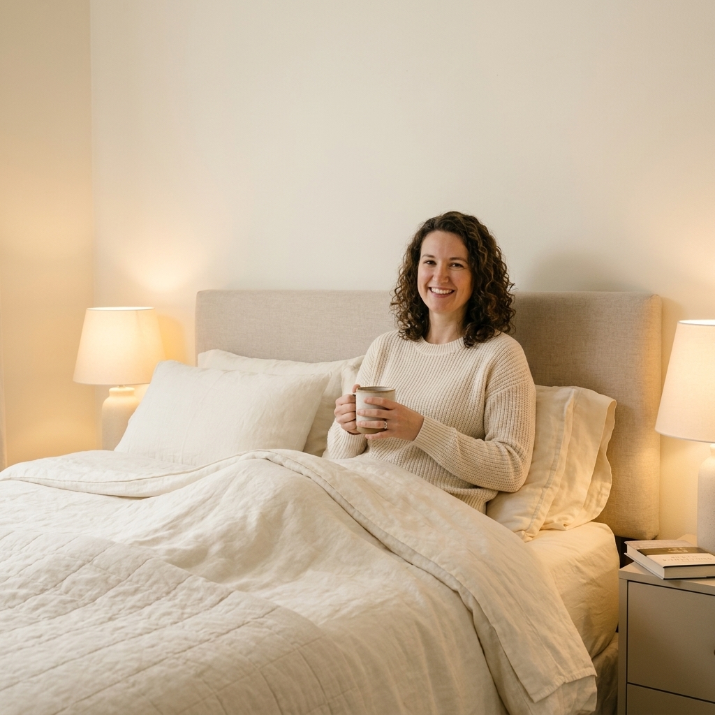 A cozy bedroom with creamy off-white walls, a linen-upholstered bed, layered ivory bedding, and two matching bedside lamps with warm light