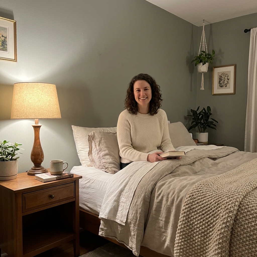 A cozy bedroom with sage green-gray walls, a vintage wooden nightstand, warm lamplight, and layered neutral bedding with a textured throw