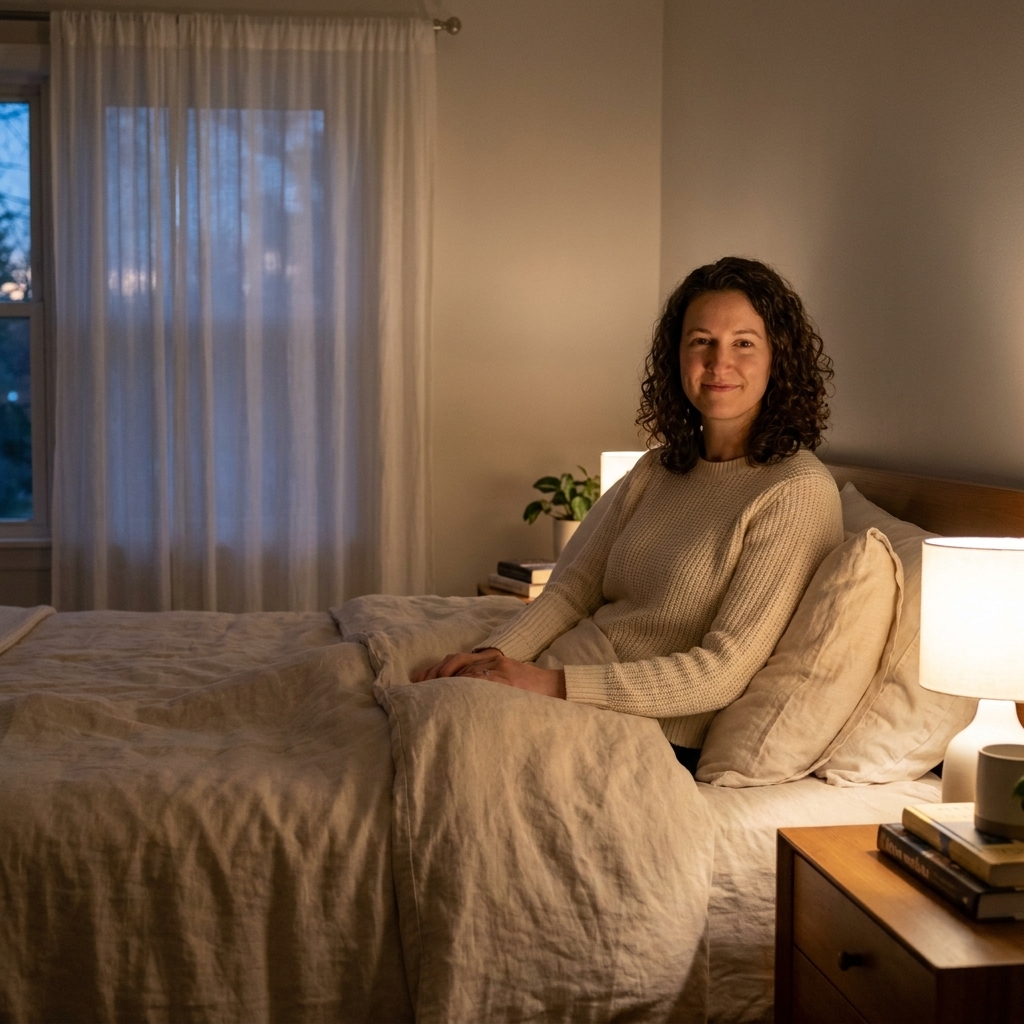 A cozy bedroom with sheer white curtains, a made bed with light neutral bedding, and a small bedside lamp casting warm evening light