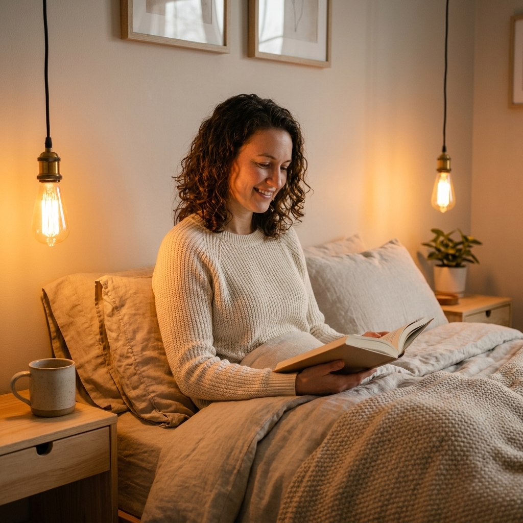 A cozy bedroom with two pendant lights hanging on either side of the bed, casting warm light onto simple nightstands