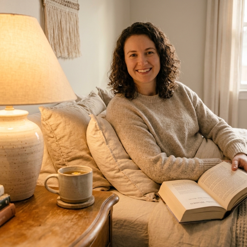 A cozy bedroom with warm bedside lighting, layered bedding in neutral tones, and a vintage nightstand styled with a book and a mug of chamomile tea