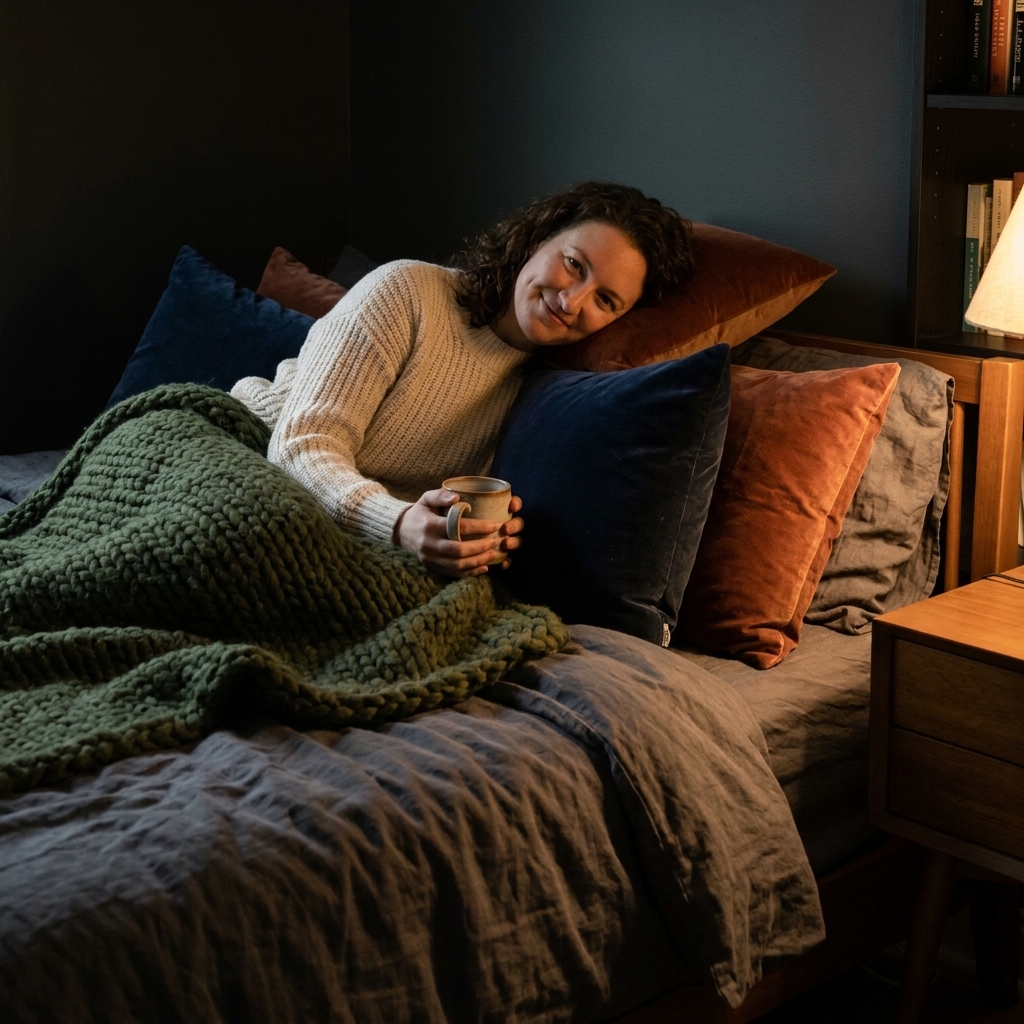 A cozy dark bedroom corner showing layered bedding textures like linen sheets, a chunky knit throw, and velvet pillows under warm lamplight