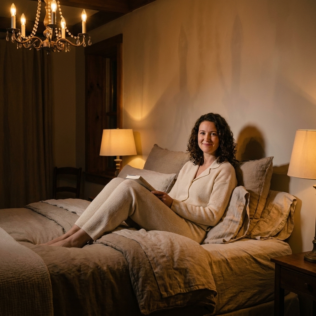 A cozy master bedroom at night with a dimmed chandelier casting a warm glow, bedside lamps on, layered linen bedding, and soft shadows across the walls