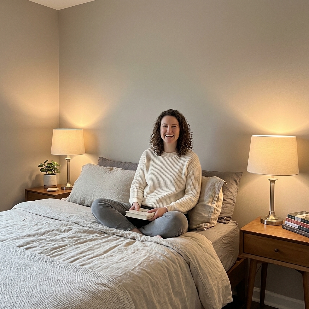 A cozy monochromatic bedroom corner with two thrifted matching table lamps, neutral bedding, and a simple wooden nightstand styled with minimal decor