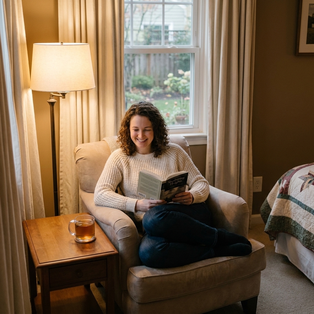 A cozy reading corner in a master bedroom with an armchair, a side table, and a warm floor lamp beside a curtained window
