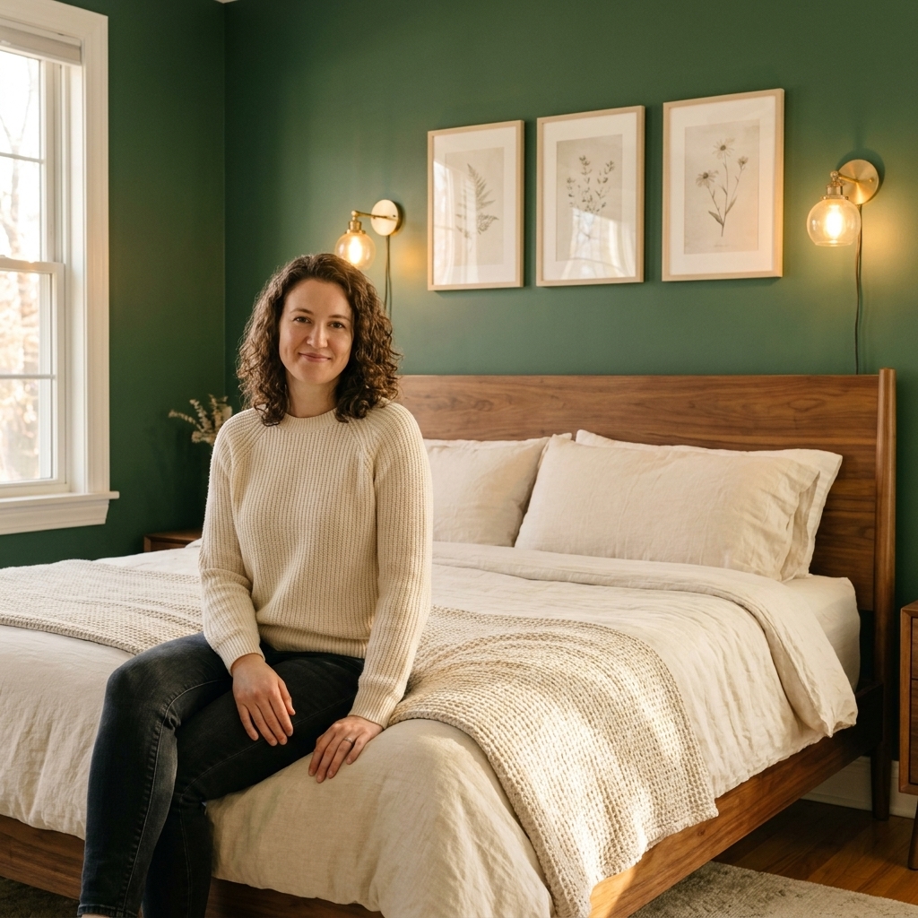 A forest green bedroom with brass wall sconces, a warm wood bed frame, cream bedding, and framed art that adds light contrast