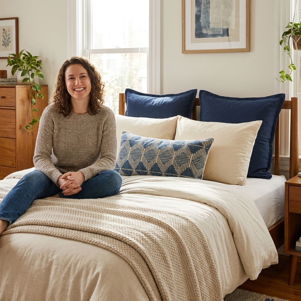 A full-size bed made with two Euro shams at the back, two standard shams in front, and a single patterned lumbar pillow centered, in a cozy rental bedroom