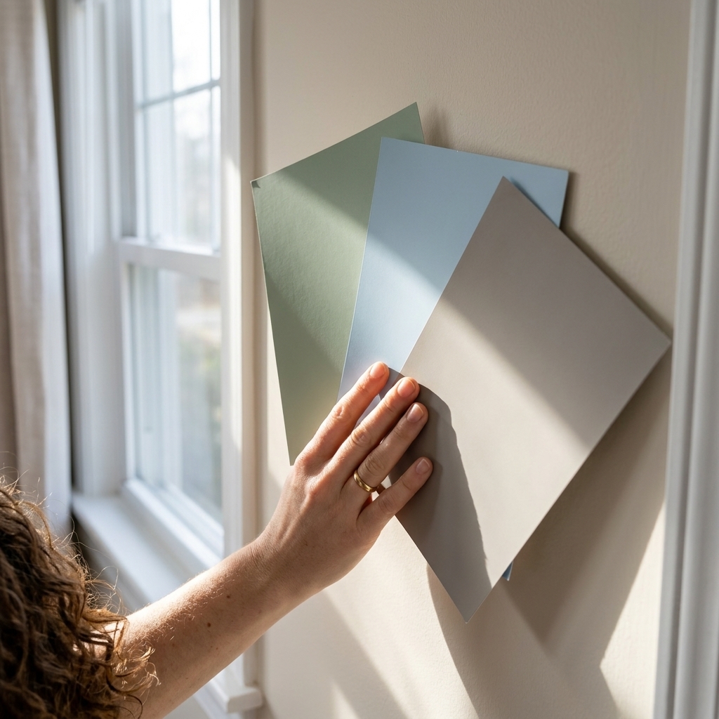 A hand holding several large paint sample cards against a bedroom wall near a window, showing how the colors shift in natural light