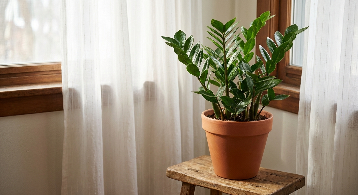 A healthy ZZ plant with glossy leaves in a warm terracotta pot on a small wooden stool near a bedroom window with sheer curtains