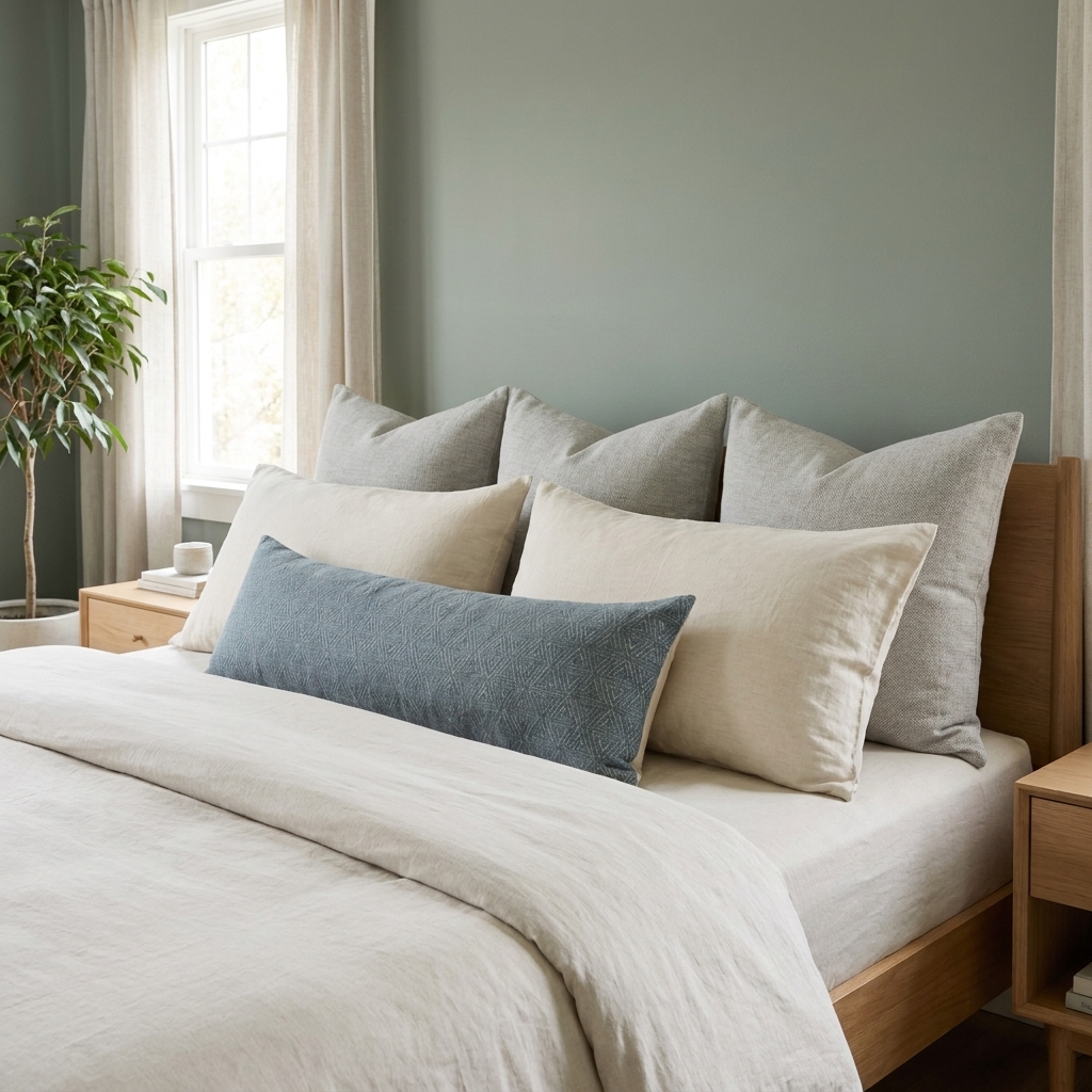 A king bed with three Euro shams lined across the back, two king shams in front, and a long lumbar pillow centered, in a calm modern bedroom