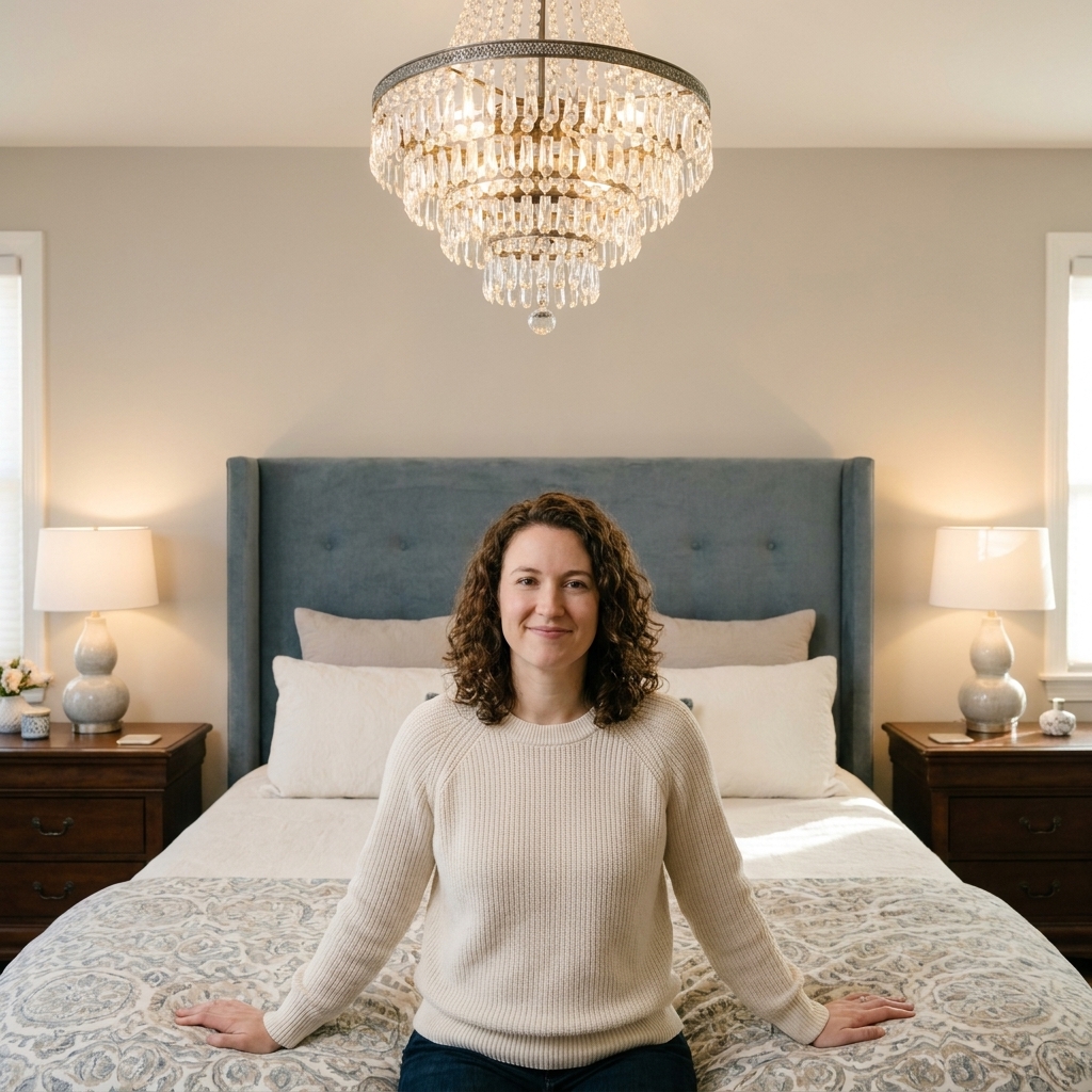 A king-size bed with a tall upholstered headboard and a chandelier above it, with balanced spacing on both sides and matching nightstands