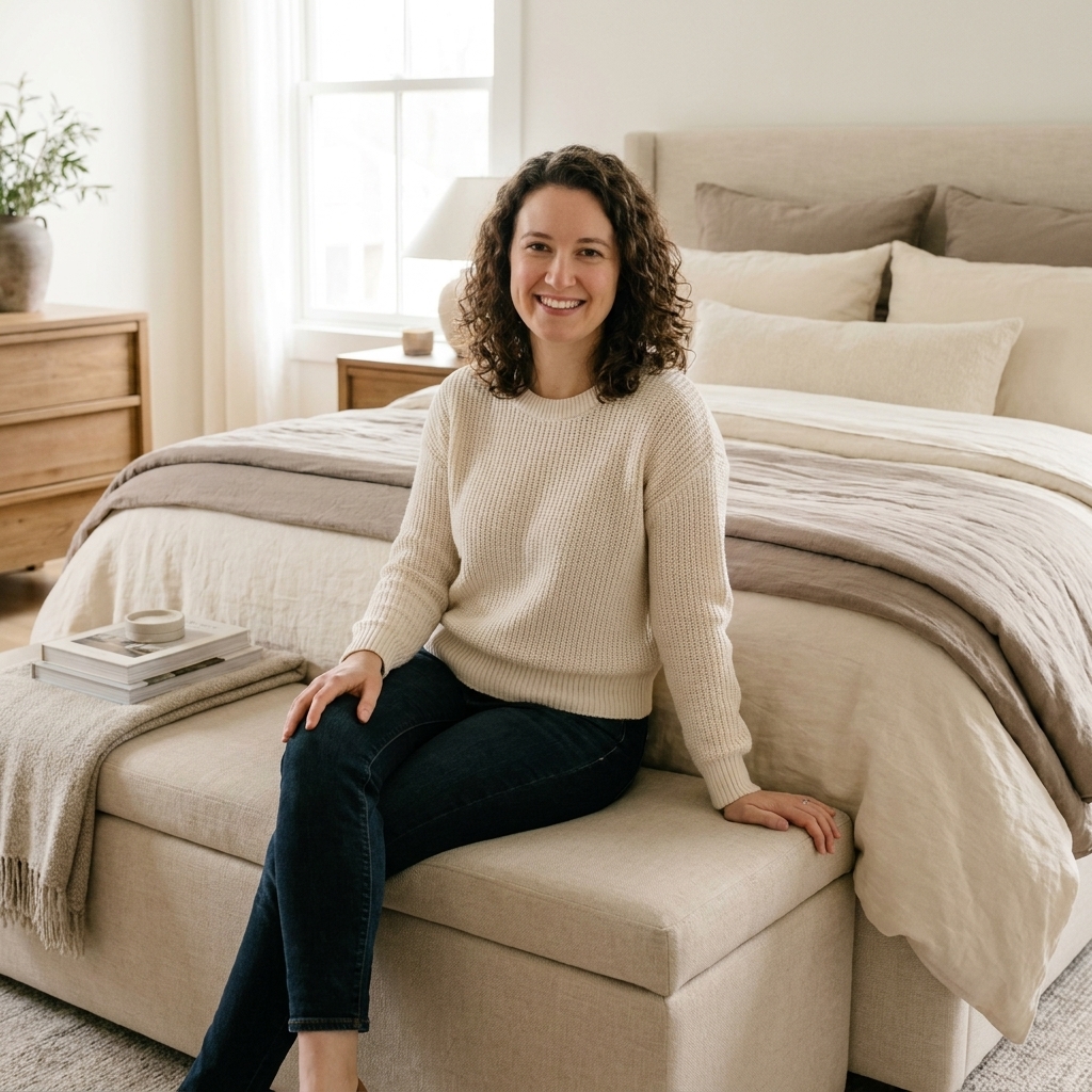 A large upholstered bench placed at the foot of a neatly made bed in a spacious master bedroom with layered neutral bedding