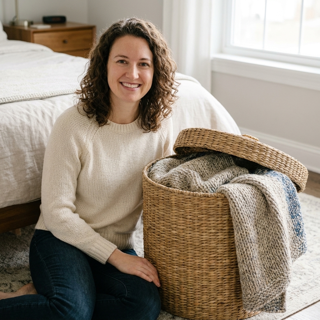 A lidded woven basket beside a bed with a throw blanket loosely tucked inside, one corner draped over the rim