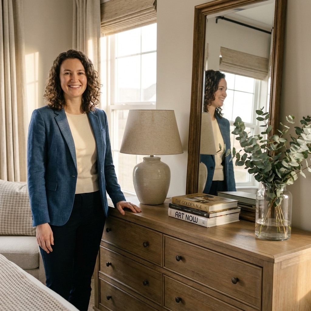 A long dresser in a master bedroom styled with a table lamp, stacked books, and a vase, with a large leaning mirror nearby