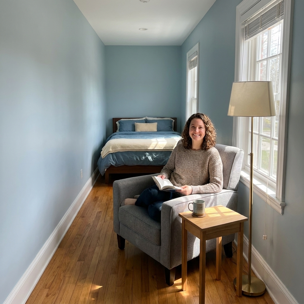 A long narrow bedroom with a bed at one end and a small reading nook at the other, featuring an accent chair, side table, and floor lamp near a window