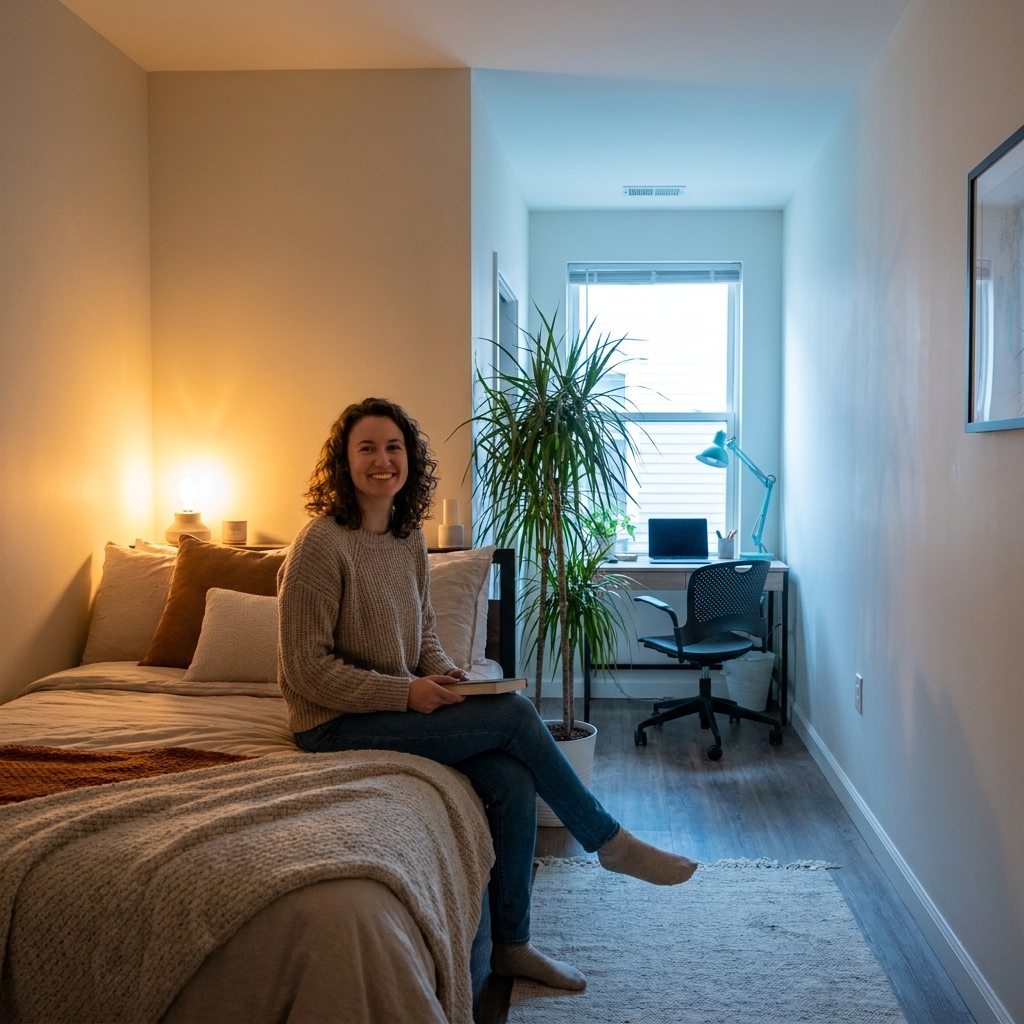 A long narrow bedroom with a bed at one end and a compact desk at the other, separated by a tall plant and different lighting zones