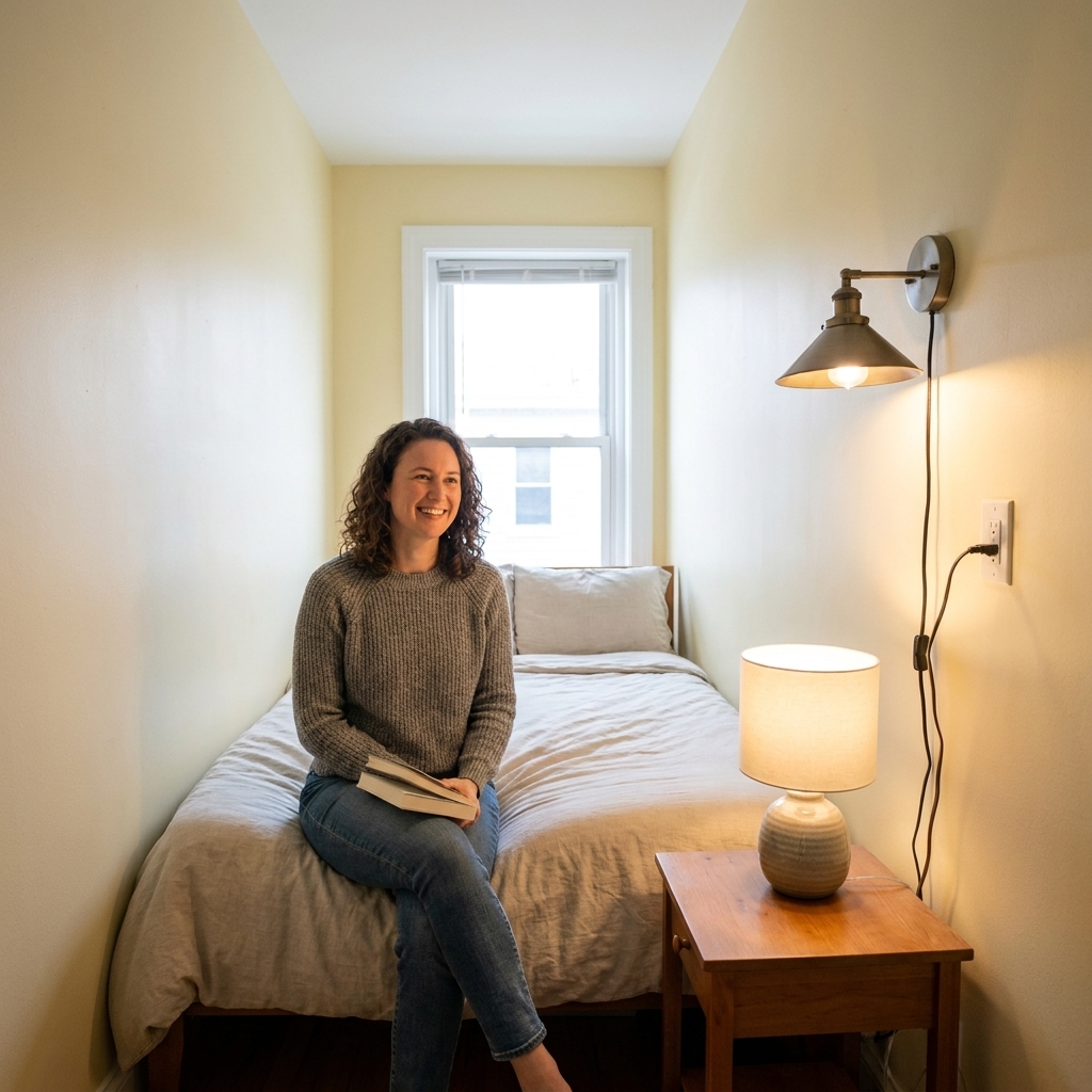 A long narrow bedroom with a full bed pushed against one wall, a single nightstand on the open side, and a plug-in wall sconce above