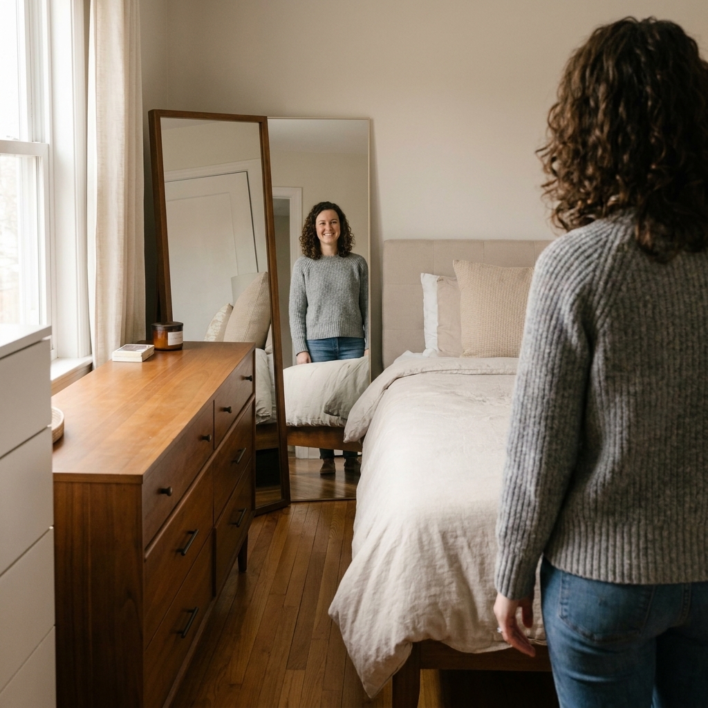A long rectangular bedroom with the bed floated slightly off the wall, creating a narrow dressing walkway behind it with a mirror and a slim dresser