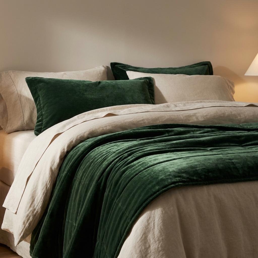 A made bed with a deep green velvet quilt layered over neutral bedding, soft lamp light creating a subtle sheen on the fabric