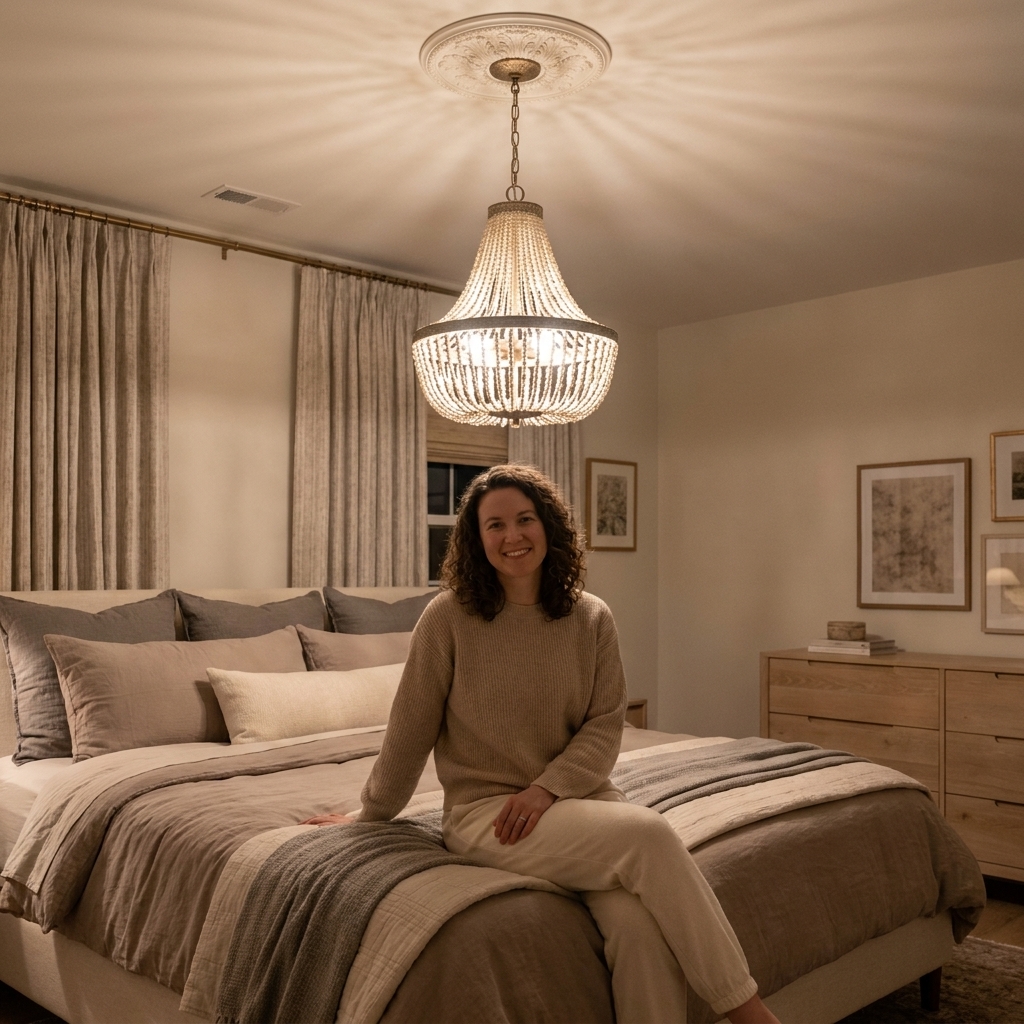 A master bedroom with a chandelier aligned to the center of the bed, with a visible ceiling canopy and chain, neutral bedding, and soft ambient lighting