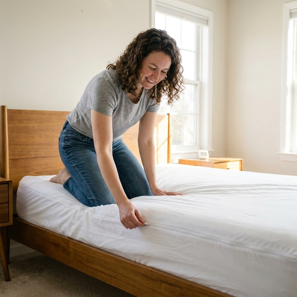 A mattress on a bed frame being covered with a white zippered dust-mite-barrier encasement in a bright bedroom