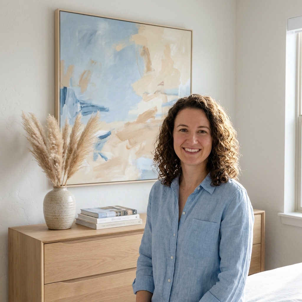 A modern bedroom wall with a large abstract painting in soft blue and sandy beige tones above a light wood dresser, styled with a ceramic vase and minimal decor