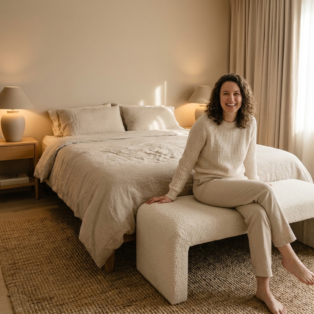 A monochromatic beige bedroom featuring a linen duvet, a boucle bench, a woven jute rug, and matte ceramic lamps creating depth through texture