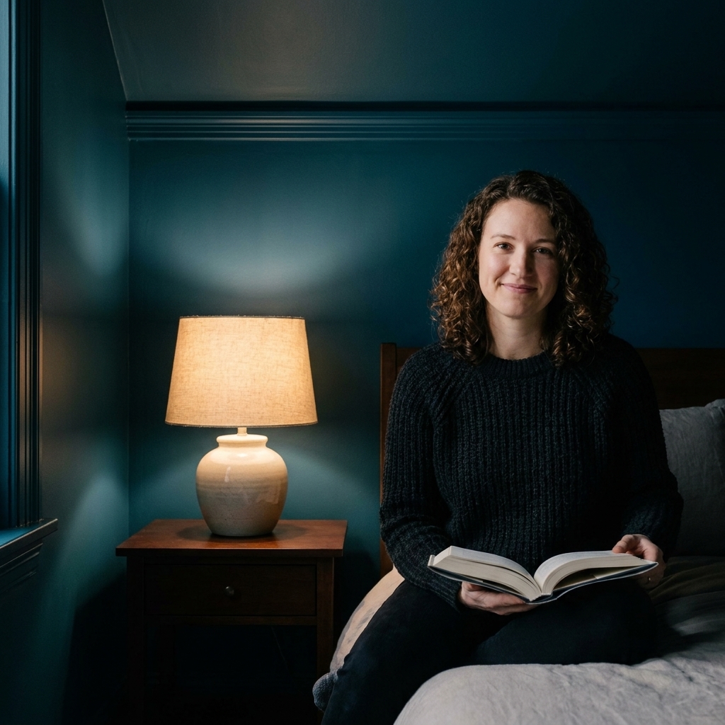 A moody color-drenched bedroom with matching painted walls and trim, a wooden nightstand, and a warm bedside lamp casting a soft glow