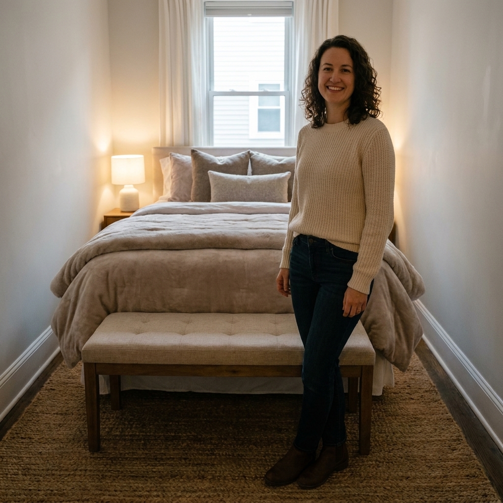 A narrow bedroom with a bench placed at the foot of the bed, visually breaking up the long walkway and creating a cozy, hotel-like feel