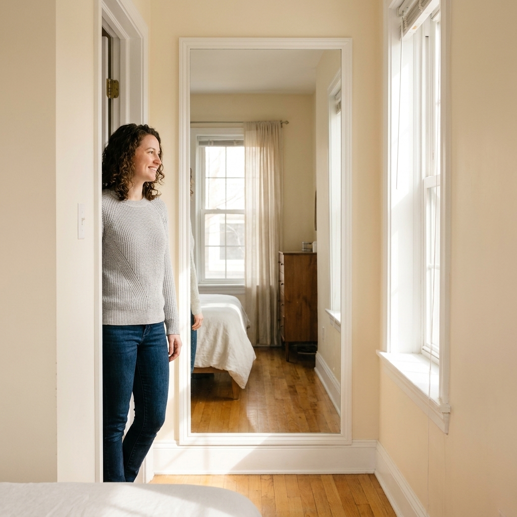 A narrow bedroom with a full-length mirror on the far wall reflecting a bright window and creating a longer sightline from the doorway