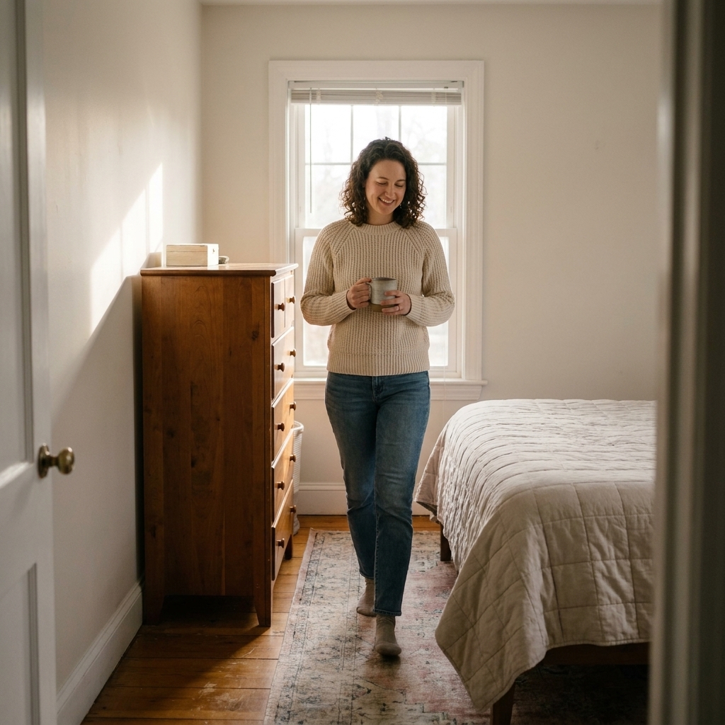 A narrow bedroom with a tall dresser against the wall, leaving a clear walkway between the bed and the dresser with soft morning light