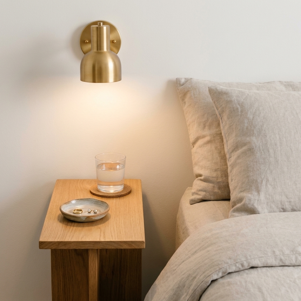 A narrow bedside table beside a bed with a wall-mounted sconce above it, a coaster with a water glass, and a small ceramic dish for jewelry
