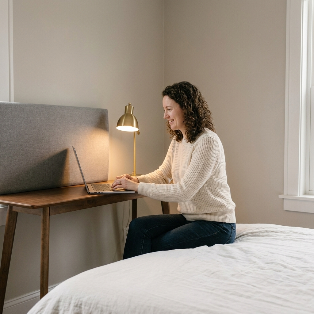 A narrow console table positioned behind a bed headboard with a laptop and a small lamp, while the bedroom remains calm and uncluttered
