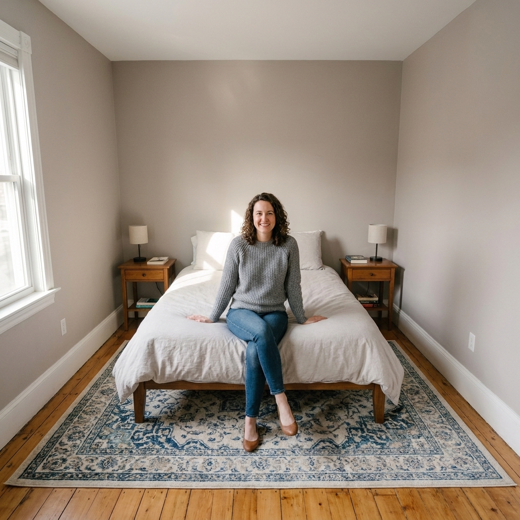 A narrow rectangular bedroom with the bed centered on the short wall, two petite nightstands, and a large area rug extending beyond the sides of the bed