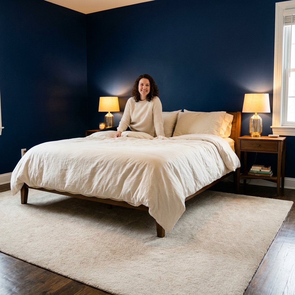 A navy-painted bedroom with two warm-glow bedside lamps, creamy bedding, and a light rug that brightens the space