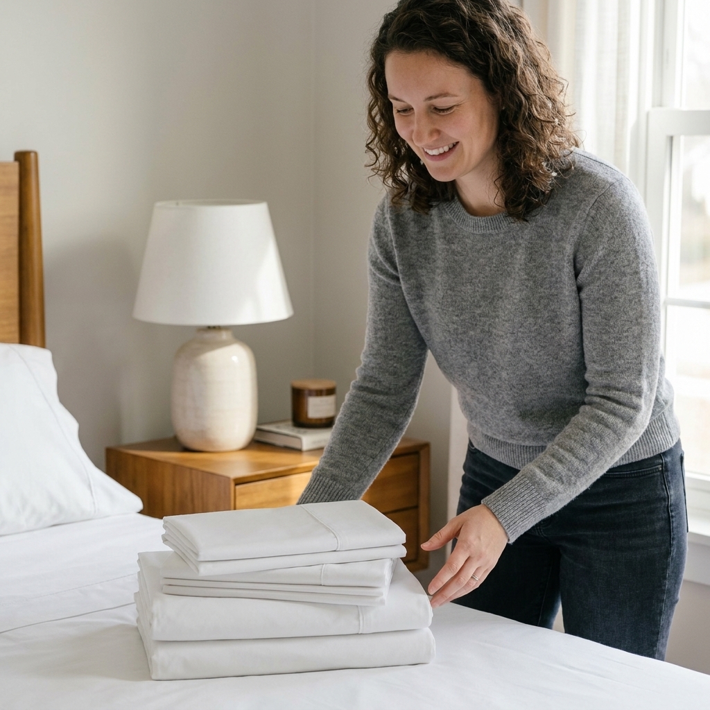A neat stack of crisp white cotton percale sheets folded on a bed with a simple wooden nightstand nearby