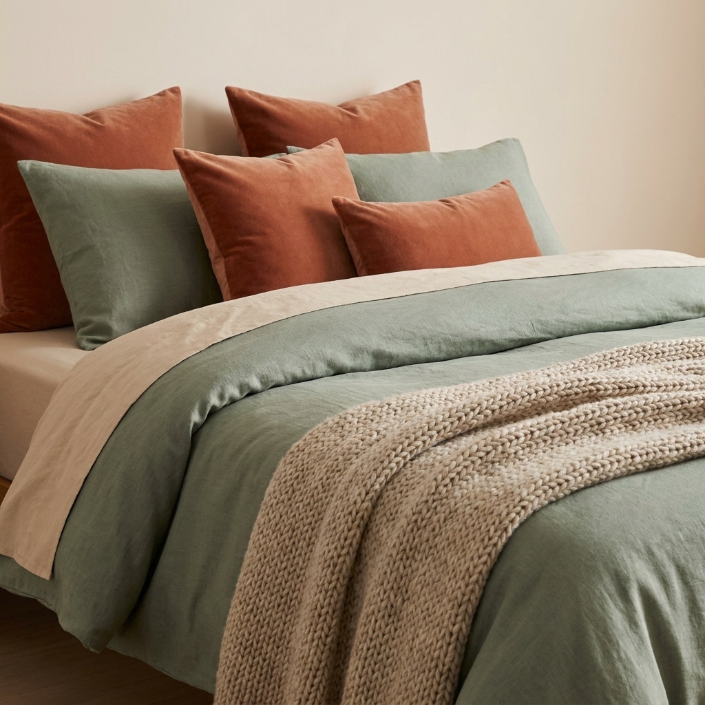A neatly made bed with a sage green linen duvet cover, sand-colored cotton sheets, terracotta velvet pillows, and a chunky knit throw in a warm neutral tone
