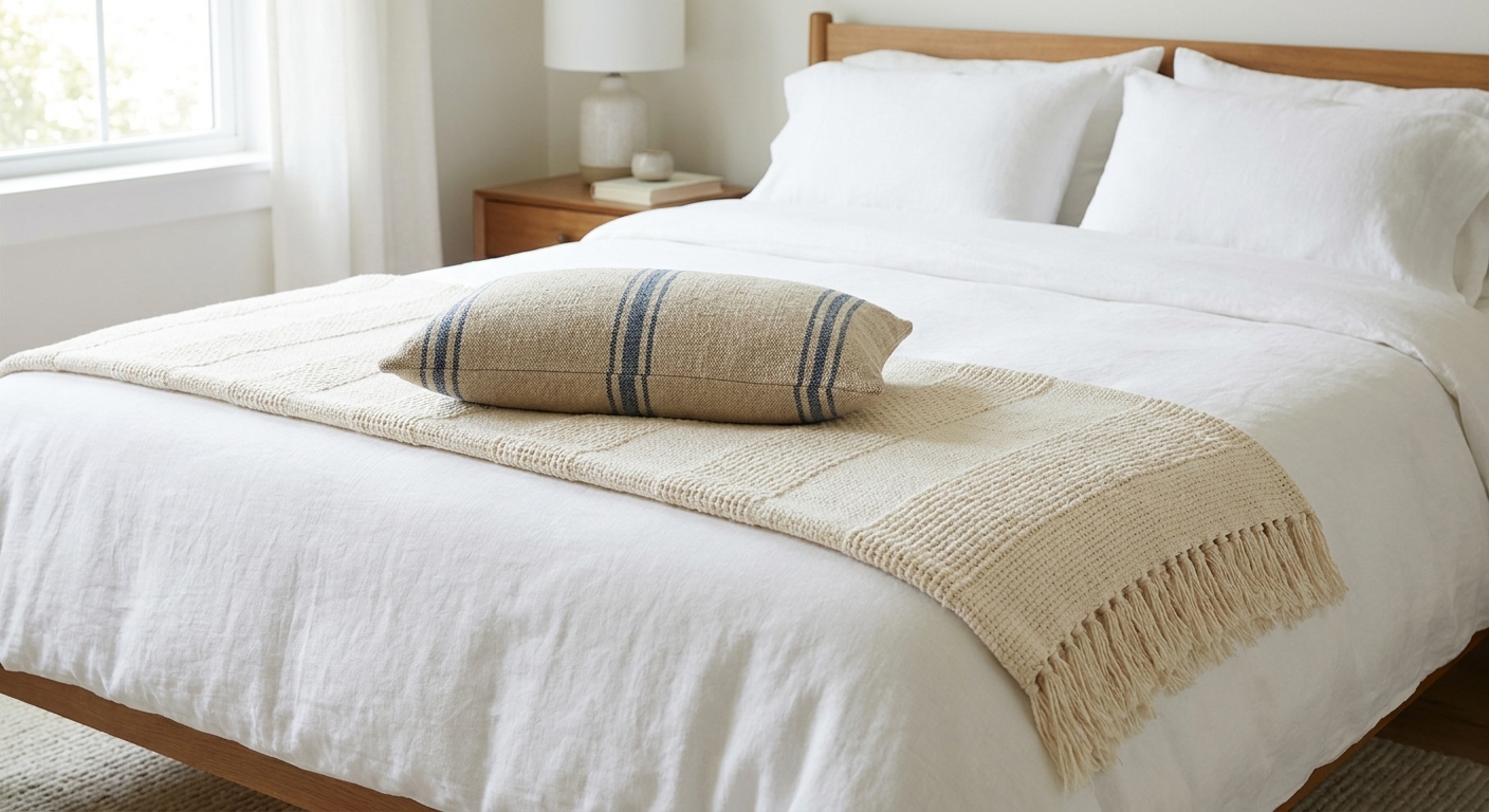 A neatly made bed with a woven throw blanket folded into a clean band across the foot of the bed, with a small lumbar pillow on top