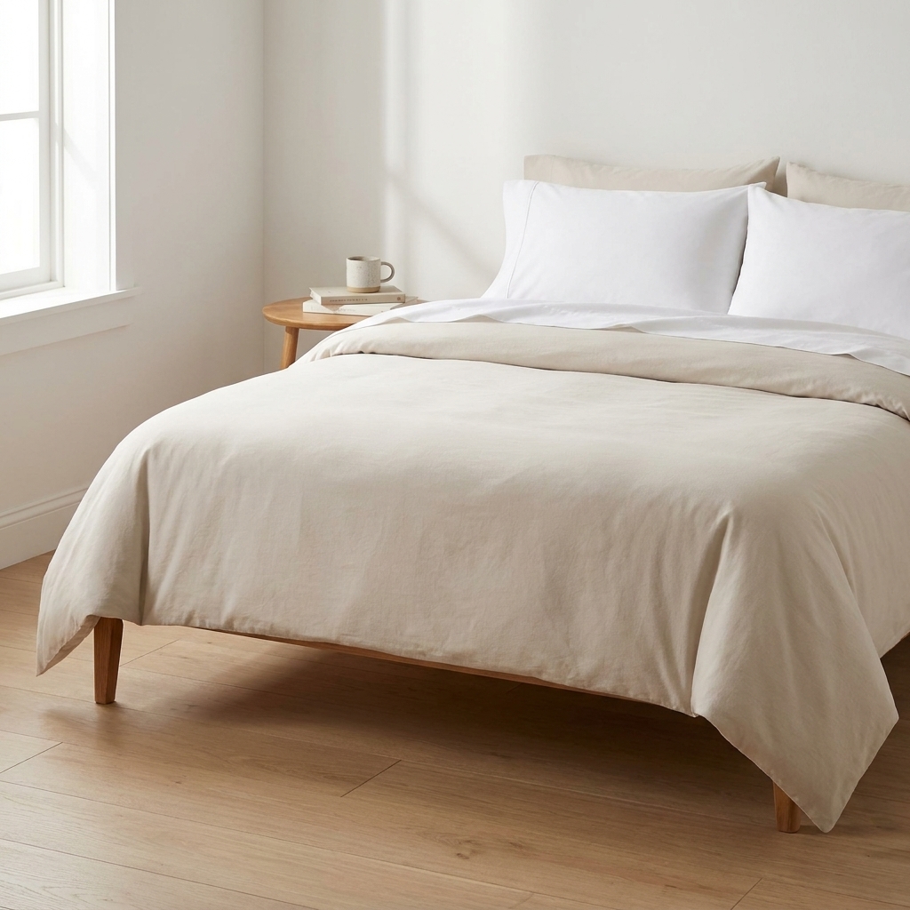 A neatly made bed with bright white percale sheets, sharp corners, and a simple duvet in a calm, minimalist bedroom