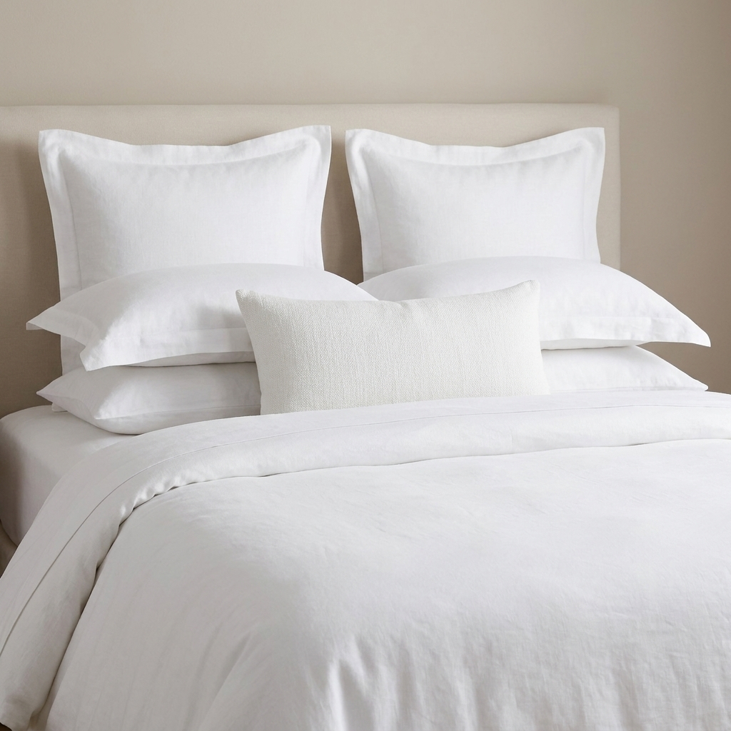 A neatly made bed with crisp white bedding and a layered pillow arrangement including stacked sleeping pillows, large Euro shams, and a single lumbar pillow
