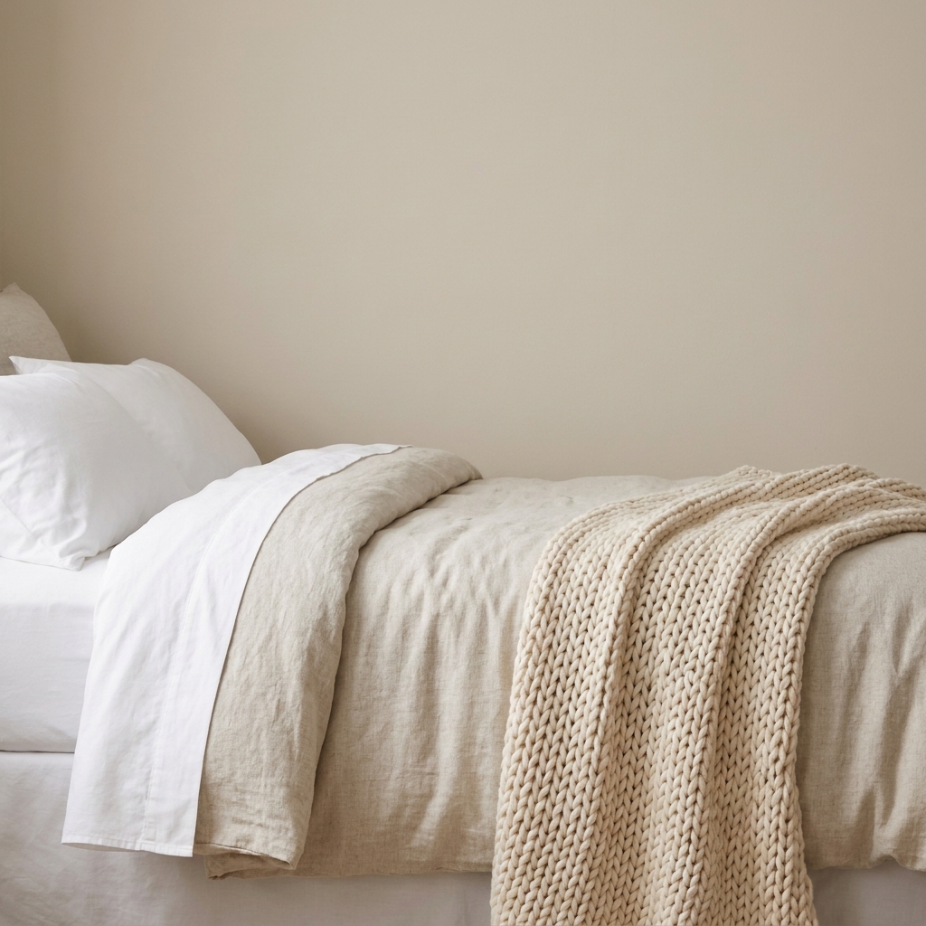 A neatly styled bed with a creamy chunky knit throw draped across the foot of the bed over a solid linen duvet and simple white sheets