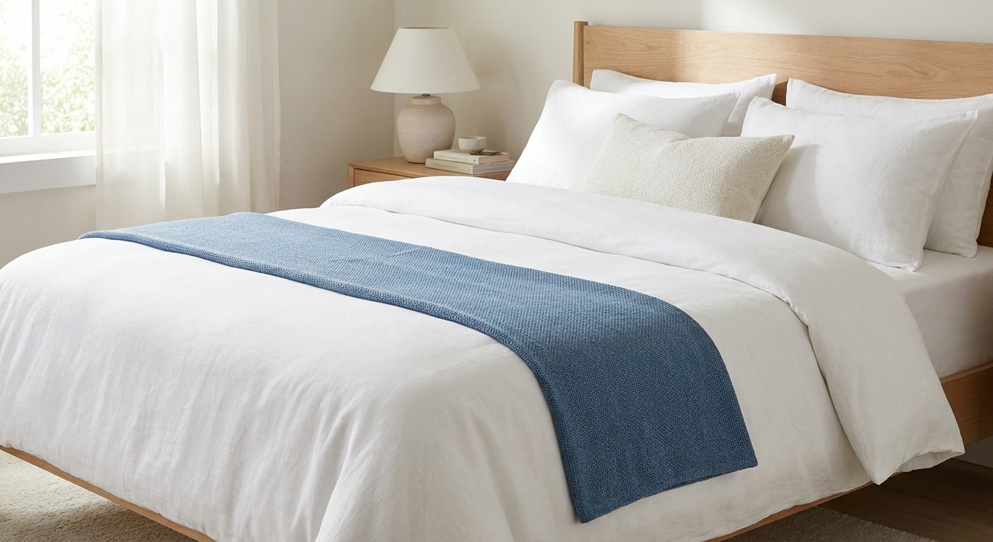 A neatly styled bed with a throw blanket folded into a long strip placed down the center, with pillows arranged at the headboard