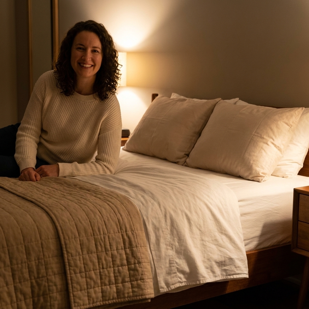 A neatly styled bed with an organic cotton quilt folded at the foot, two sleeping pillows, and a warm bedside lamp creating soft ambient light