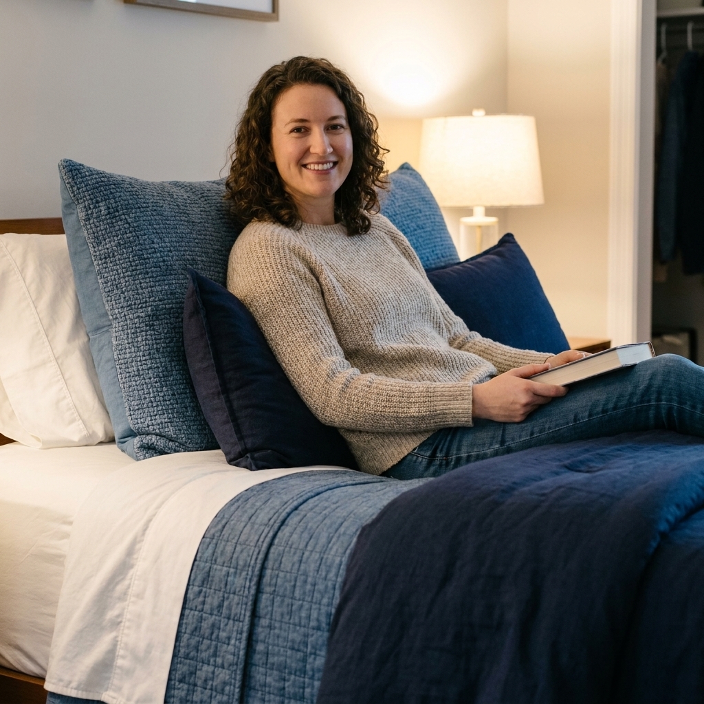 A neatly styled navy monochromatic bed with white sheets, a denim-blue quilt, a deep navy duvet, and textured blue accent pillows under warm bedside lighting