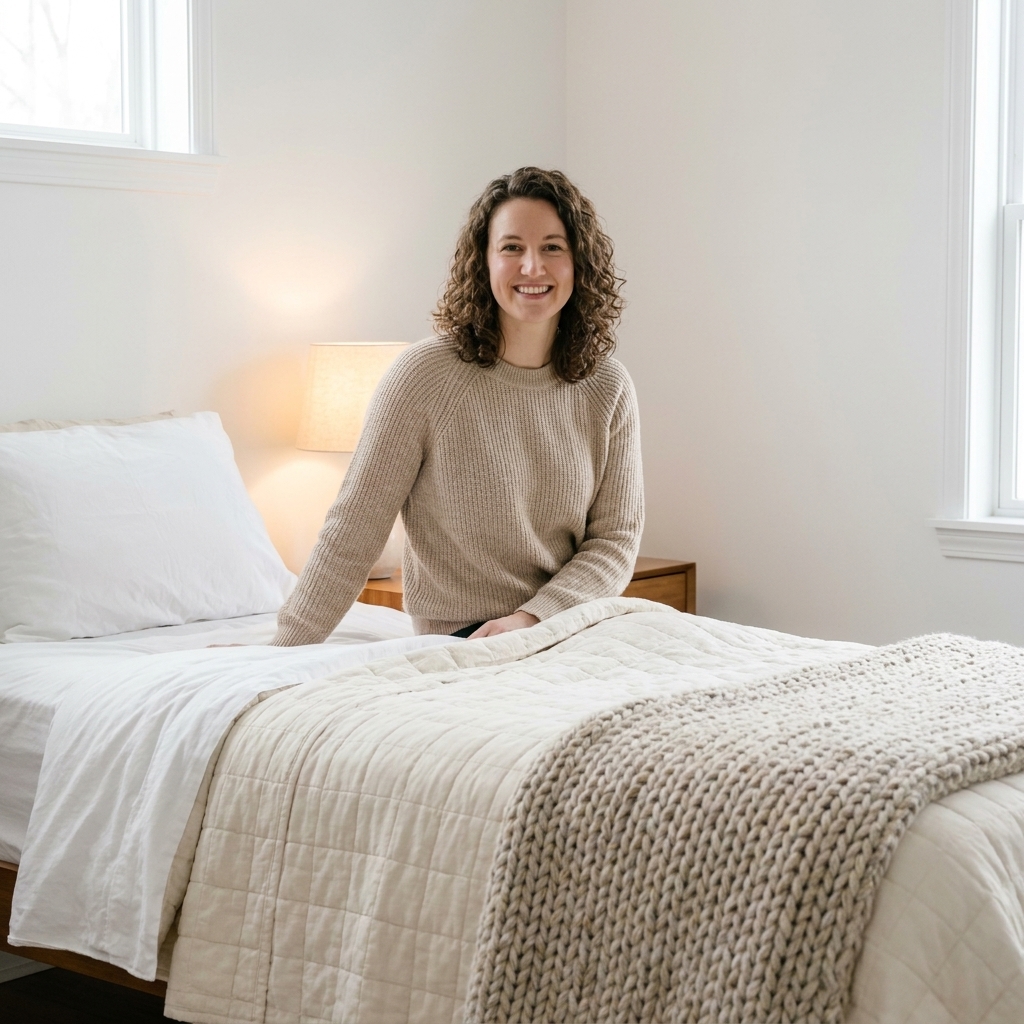 A neutral bedroom with a cream quilt layered over white sheets, a textured throw at the foot of the bed, and a small bedside lamp casting warm light