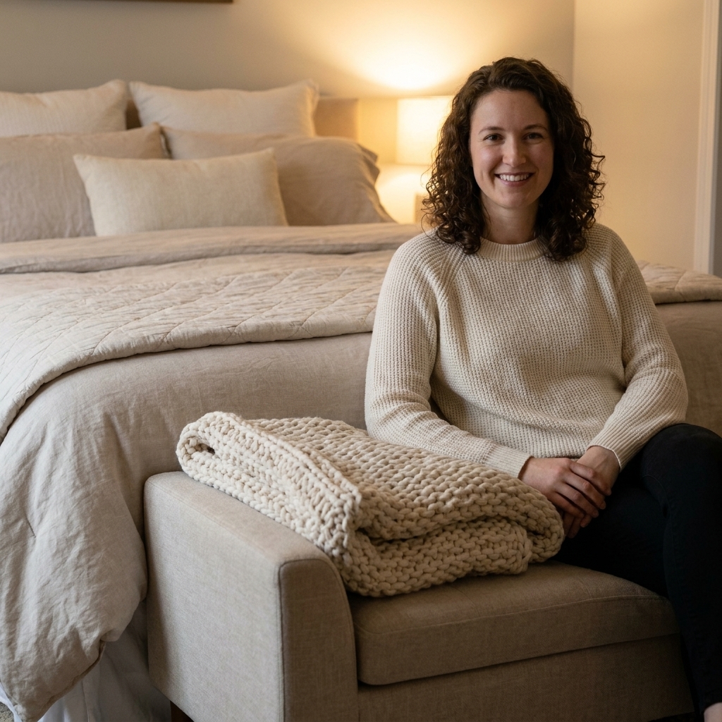 A neutral upholstered bench at the foot of a bed with a casually folded knit throw on one corner, set in a softly lit bedroom with layered bedding