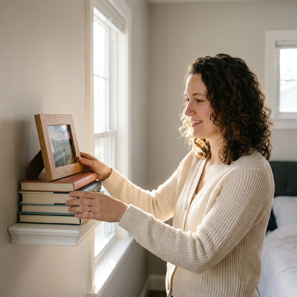 A pair of hands arranging a small stack of hardcover books and a framed photo on a white floating shelf in a bedroom with soft natural morning light