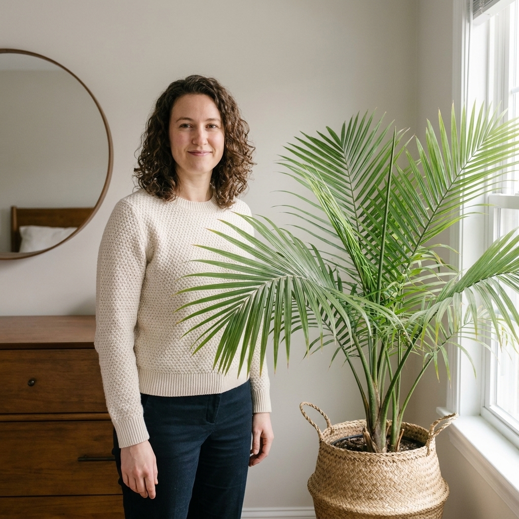 A parlor palm with feathery fronds placed in a woven basket planter beside a wooden dresser and a round mirror in a softly lit bedroom