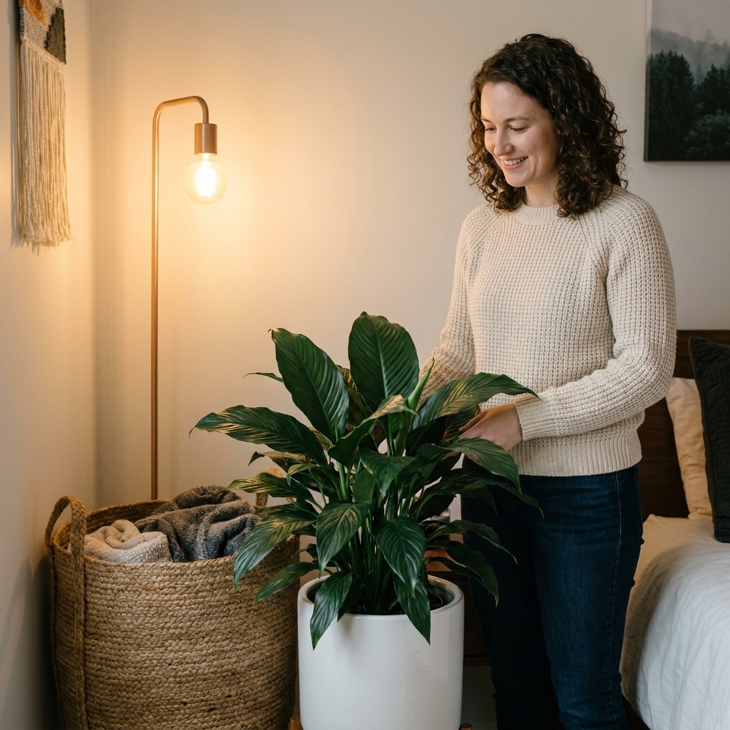 A peace lily with deep green leaves in a white planter placed in a bedroom corner next to a woven basket and a floor lamp with warm ambient light