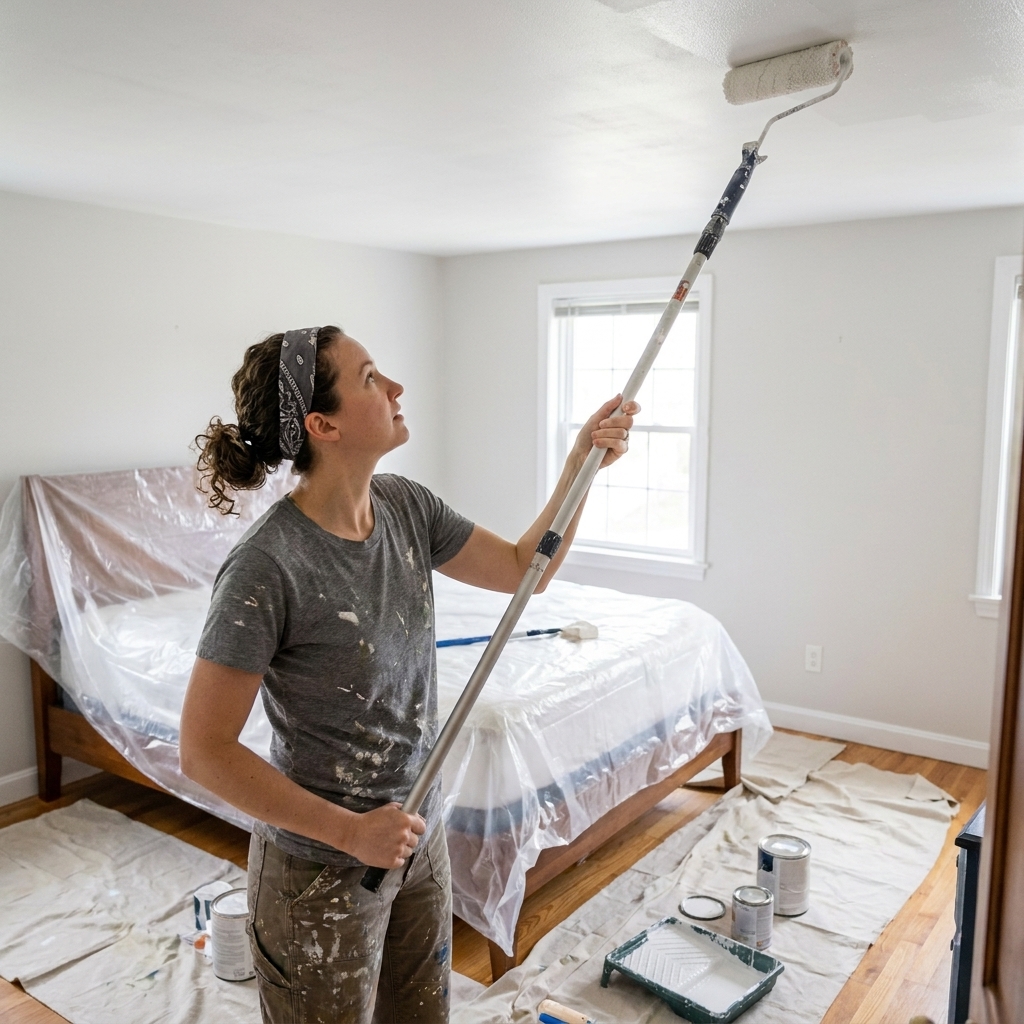 A person using a paint roller on an extension pole to paint a bedroom ceiling, with drop cloths protecting the bed and floor